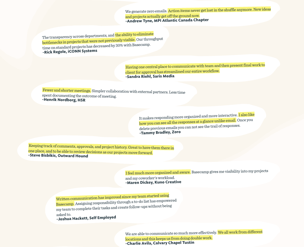 Basecamp long list of testimonials