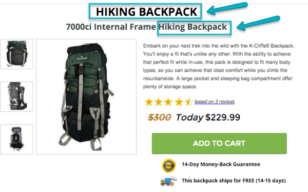 PPC Landing Page hiking backpack