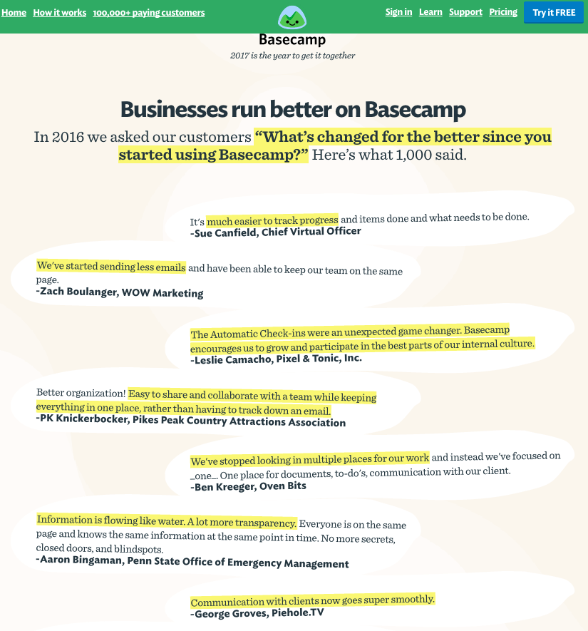 Basecamp Landing Page Social Proof with Testimonials