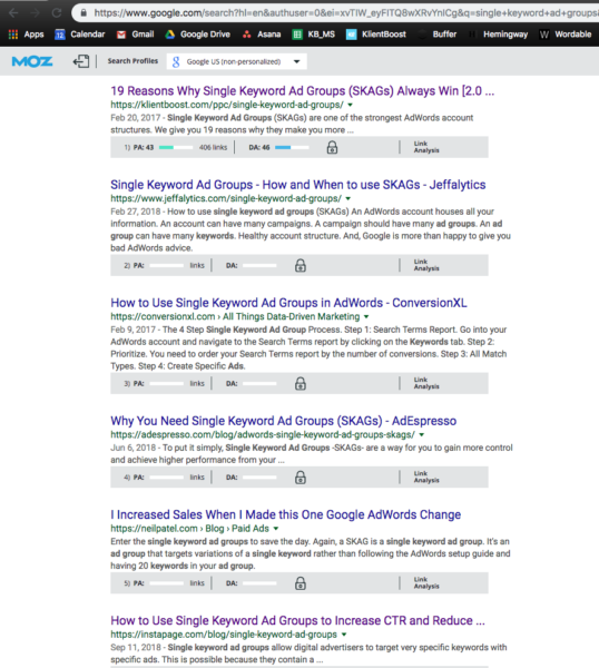 single keyword ad groups SERP