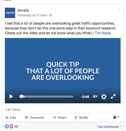 Ahrefs often uses video in Facebook posts
