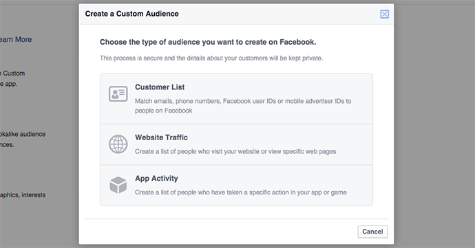 Facebook Custom Audience options