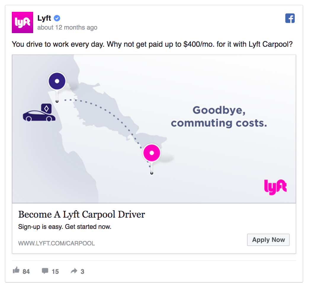 Lyft’s Facebook ad is short and straightforward