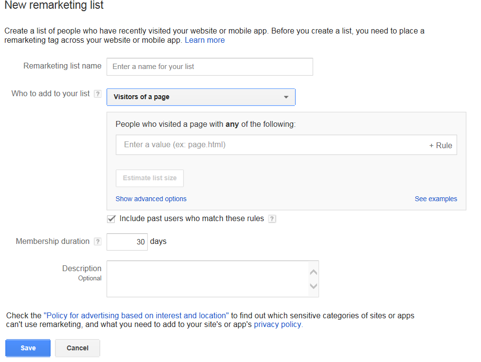 Here are your options for creating an audience in AdWords