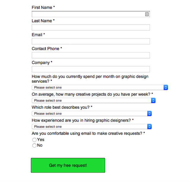 Design Pickle’s Facebook marketing funnel lead form