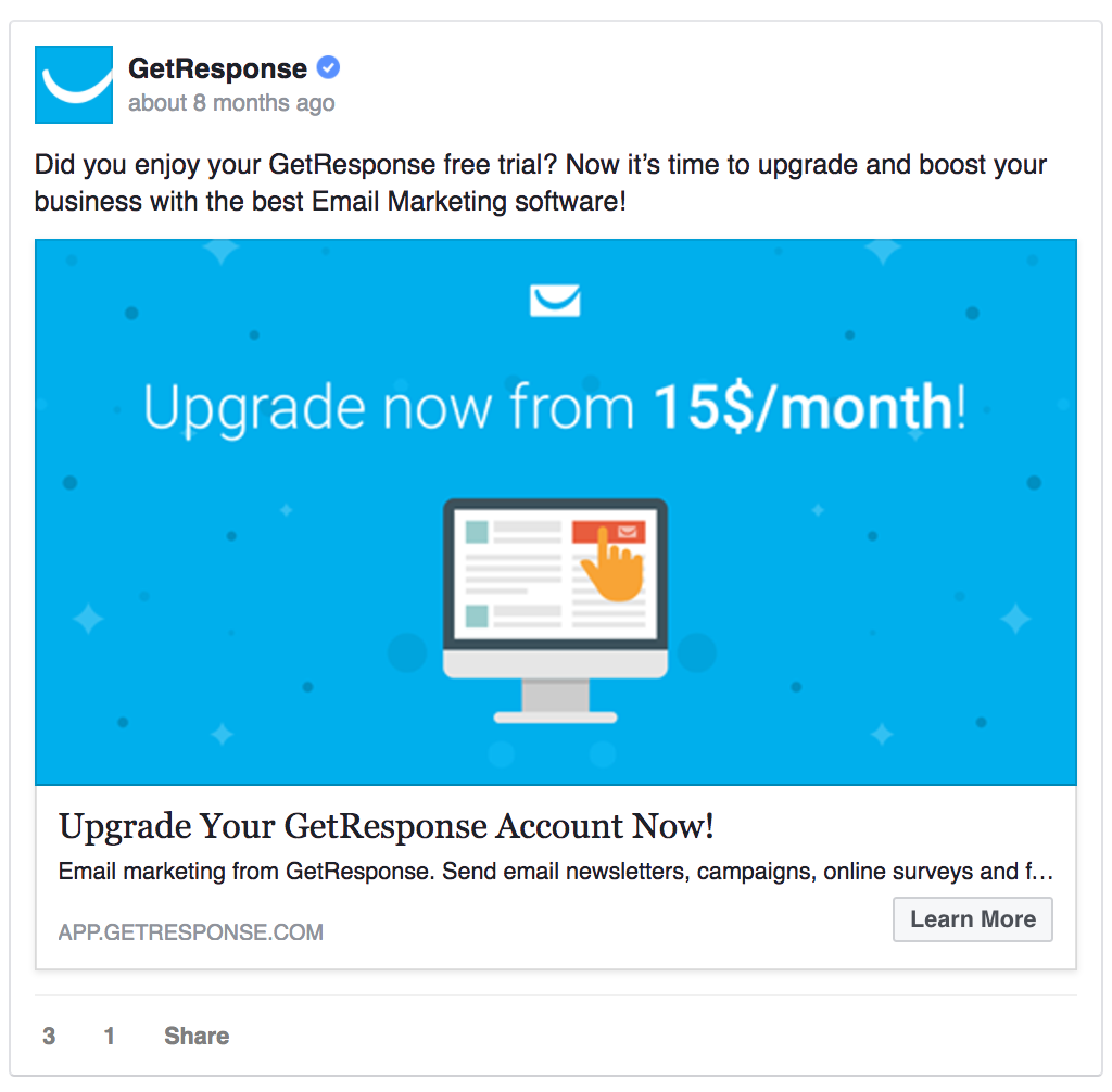GetResponse’s Facebook ad targets trial users.