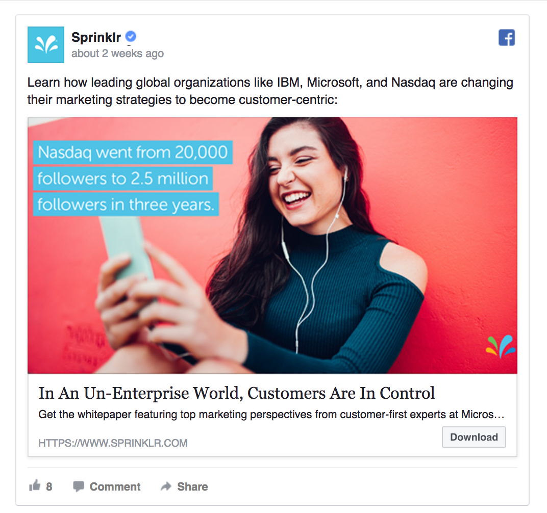 Sprinklr uses Facebook to promote their content.