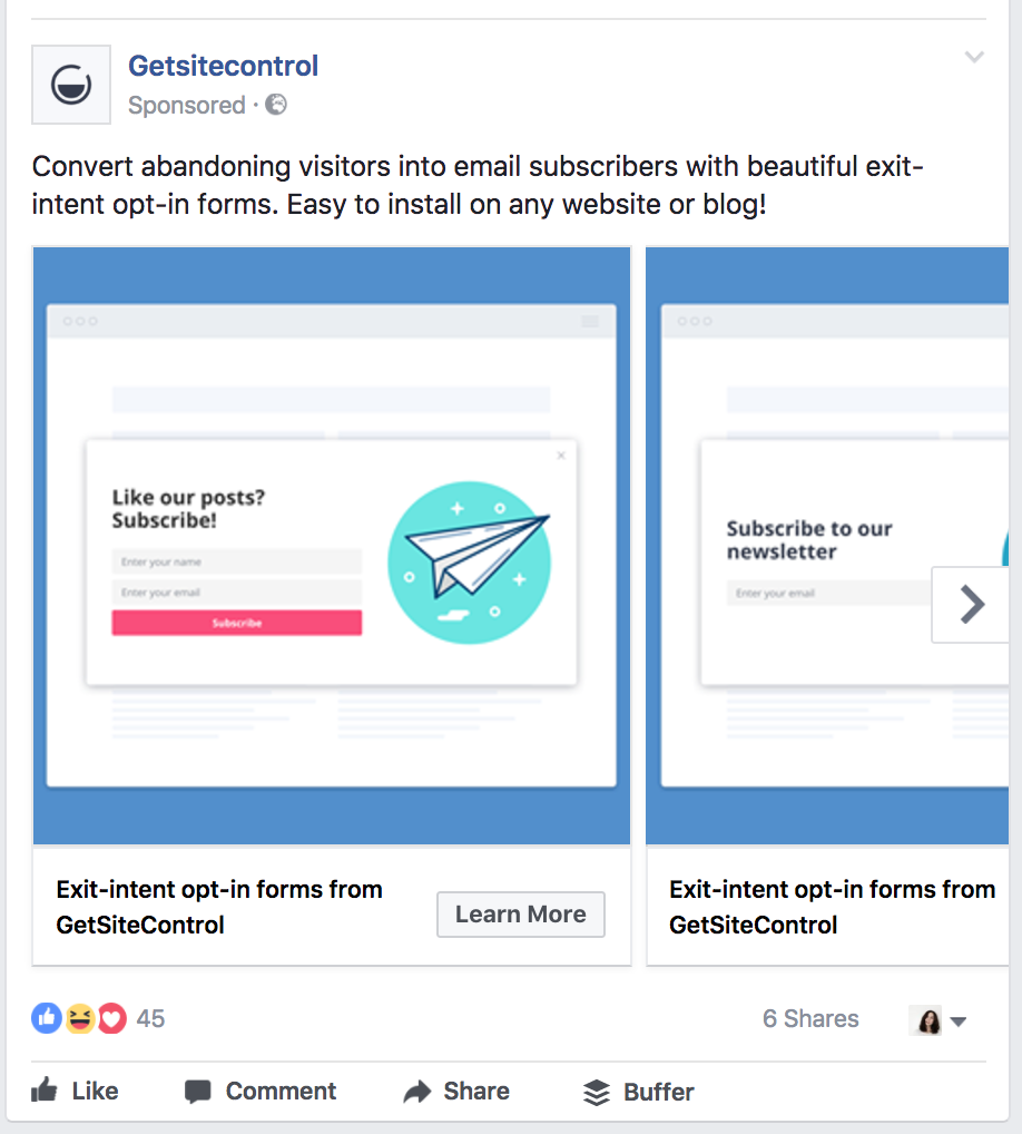 Getsitecontrol’s Facebook carousel ad