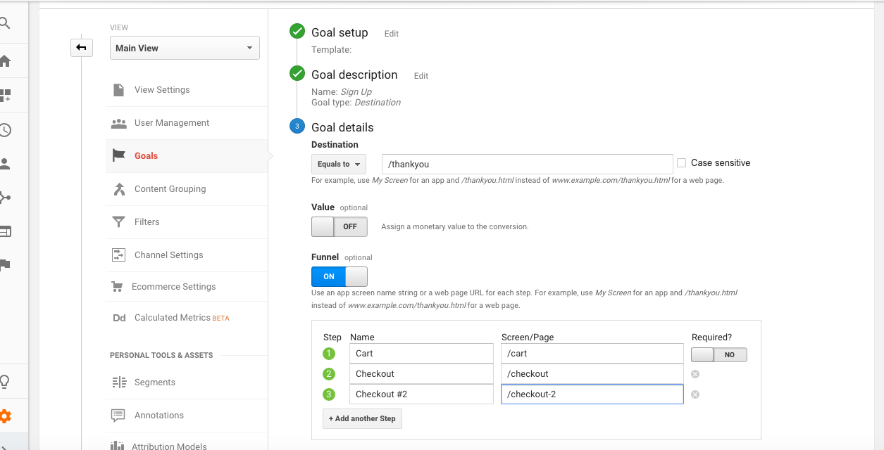Setting up our first goal in Google Analytics