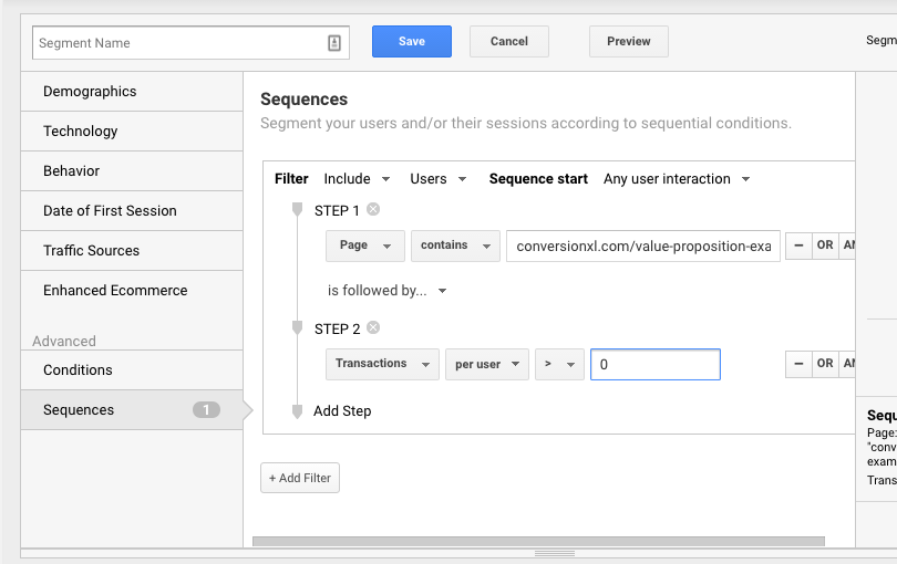 Setting up an advanced segment in Google Analytics