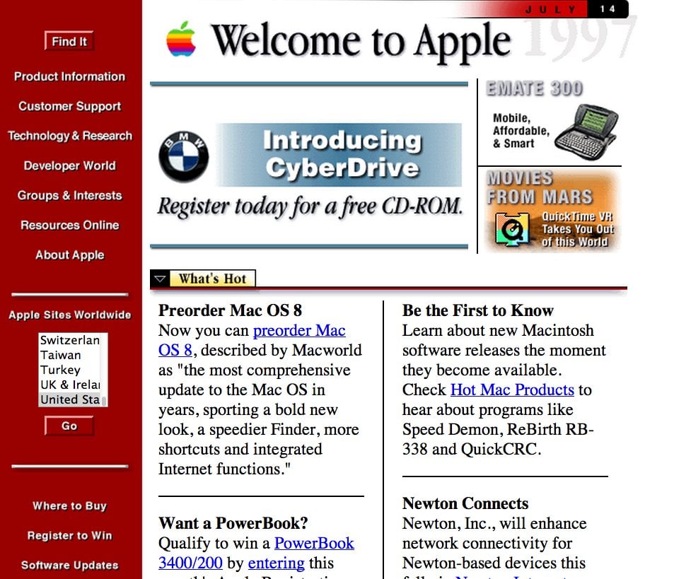 Apple’s homepage, 1997 