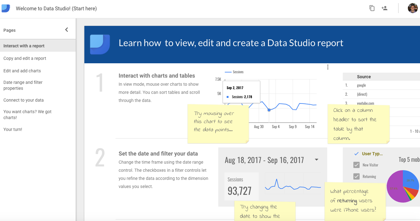 Data Studio has a built-in report to help you learn to interact with reports.