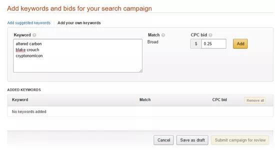 Add your own keywords and CPC for your campaign. 