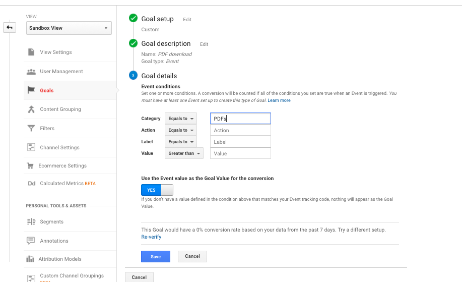 Setting up an event goal in Google Analytics