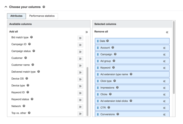 Review the default selected columns and add any other attributes or performance statistics you want to track.