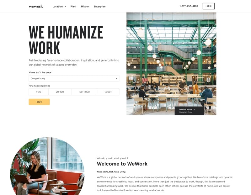 WeWork focuses on their open-space environment.