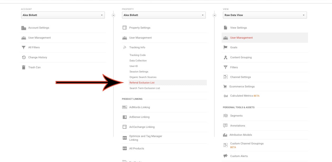 Navigate to Referral Exclusions in your Google Analytics Admin.