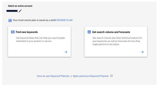 Google Keyword Planner - Google Keyword Planner Start Page