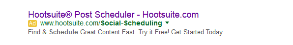 The ad headline says “Post Scheduler,” which is good because I typed in a query for “social media scheduling.”