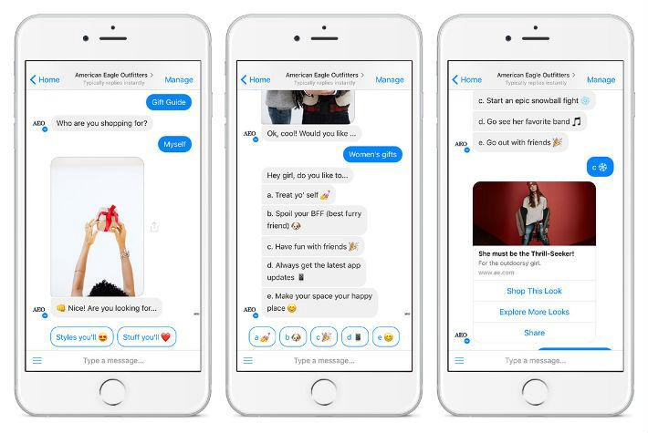 Two different American Eagle chatbot experiences that provide target audiences with information and inspiration. 