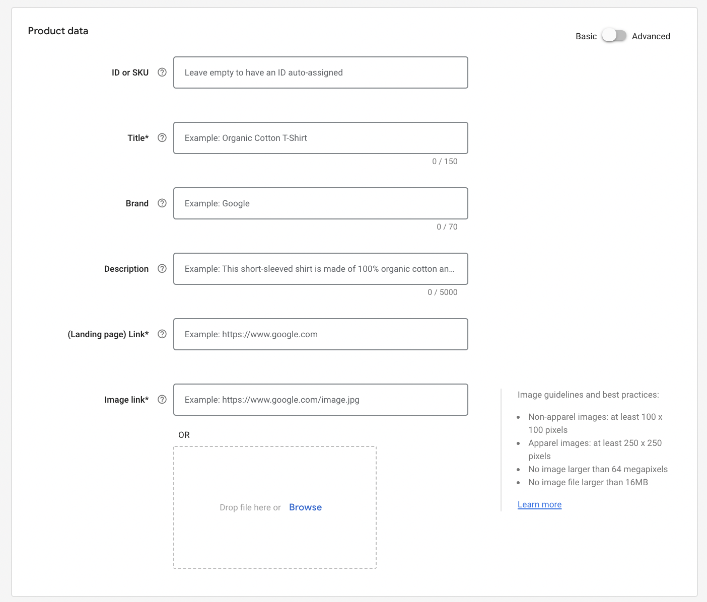 Fill in the product data