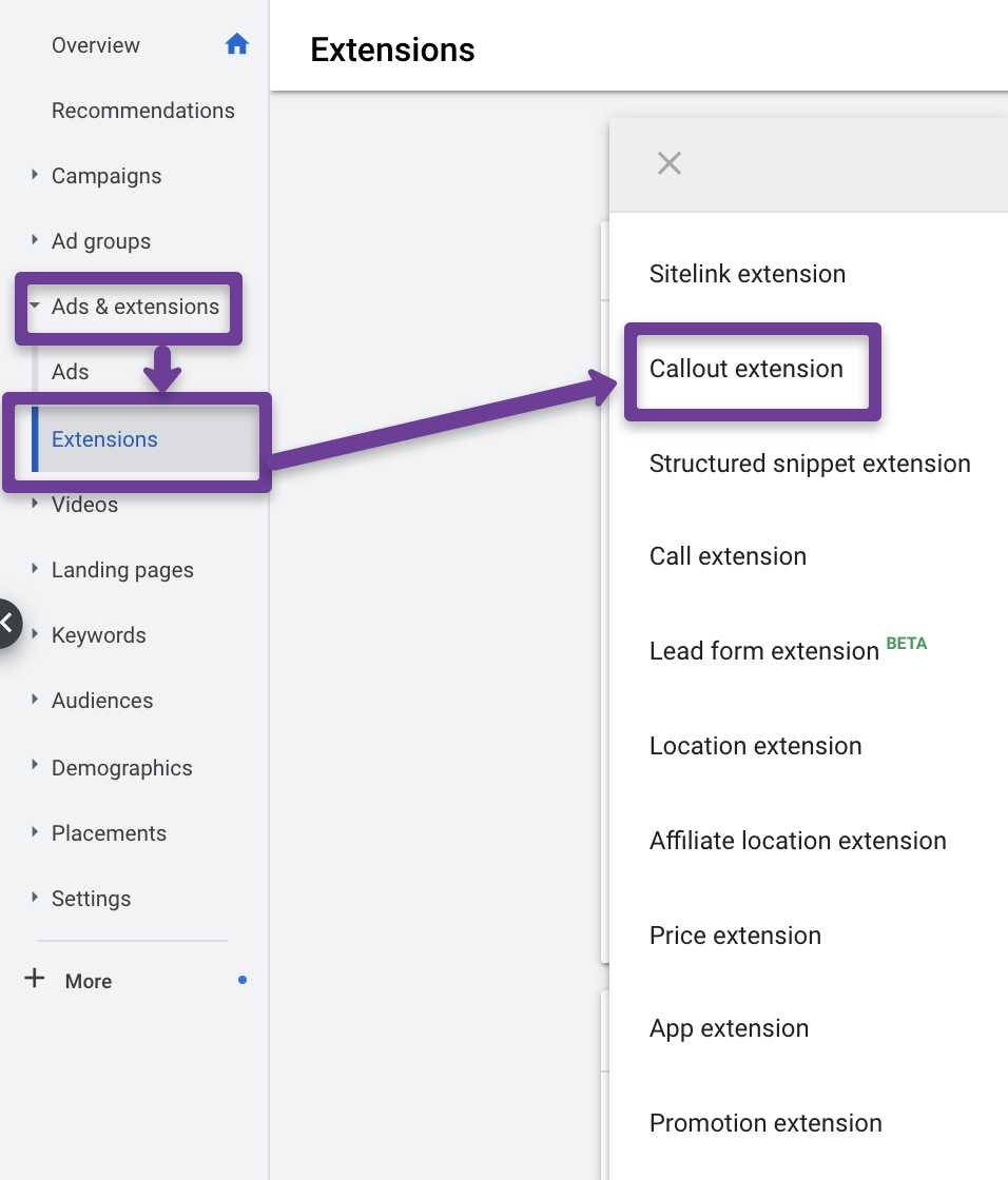 callout extensions adwords editor