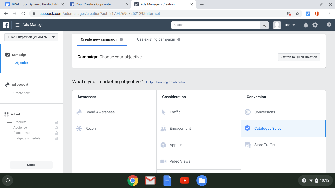 screenshot of create new campaign page in facebook ad manager