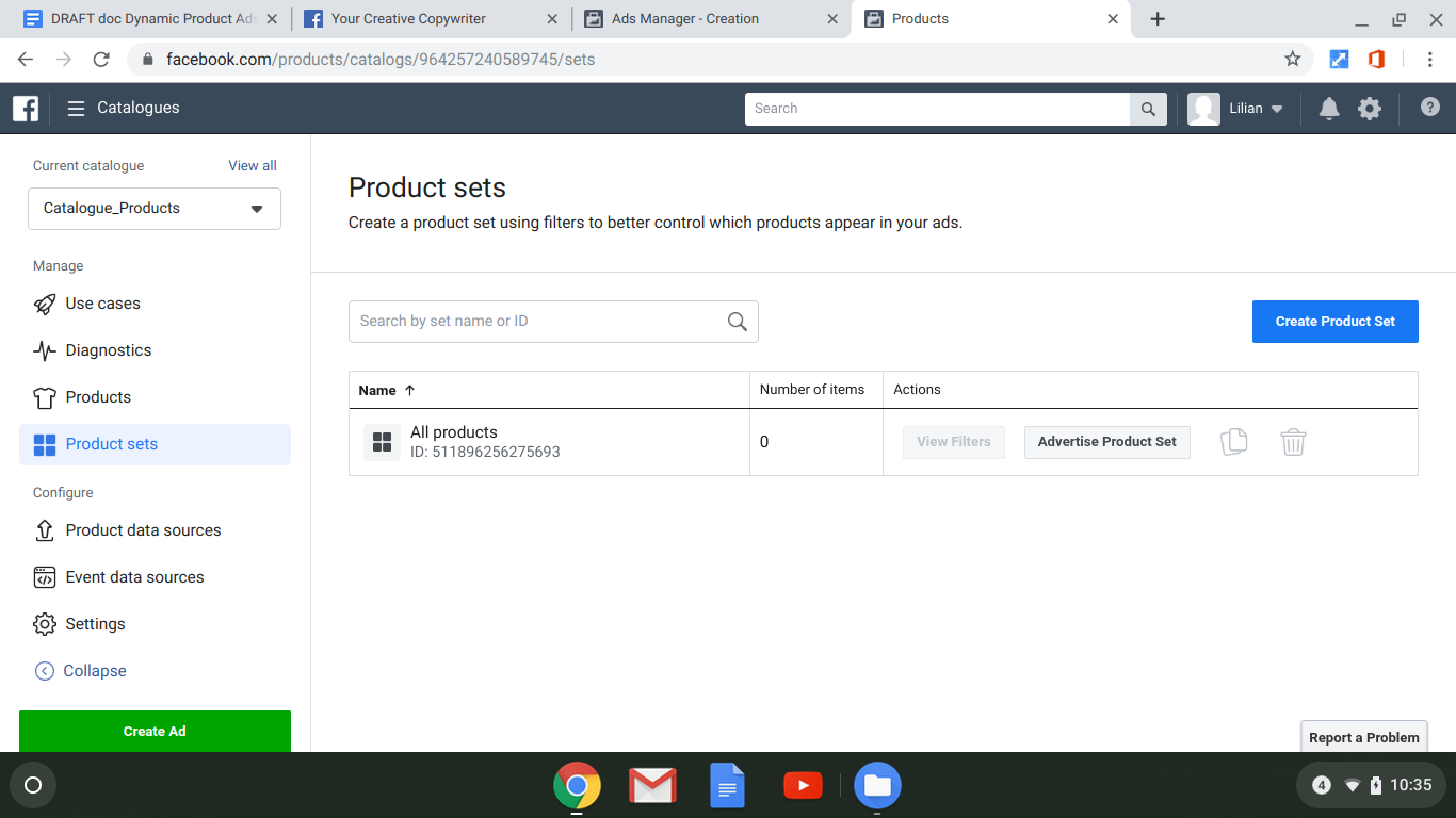 screenshot: creating product sets in your facebook catalog