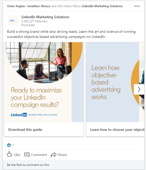 a screenshot example of some linkedin sponsored content