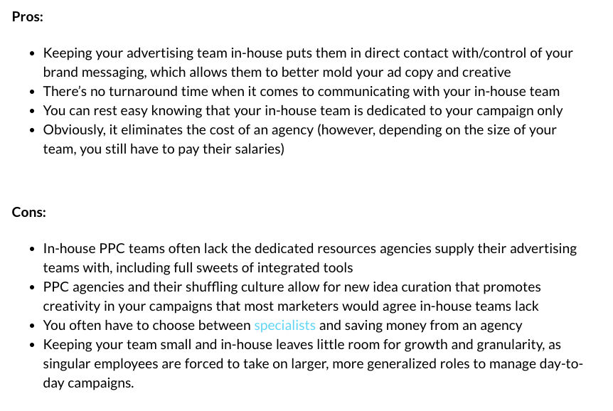 screenshots of a pros and cons list of outsourcing a PPC agency for your digital advertising versus keeping your PPC team in-house