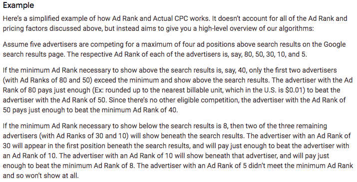 CPC definition from Google's example: a simplified Ad Rank and Actual CPC calculation.