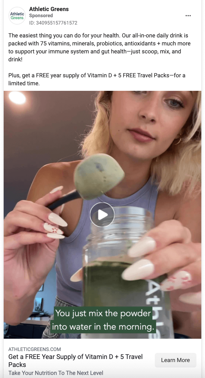 Athletic Greens promotional offer Facebook ad example