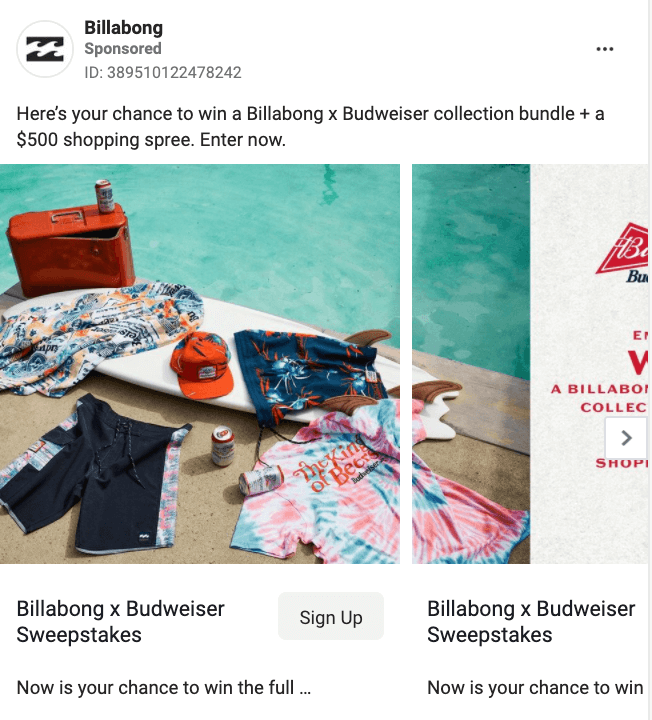 Billabong  Carousel Facebook Ad Example