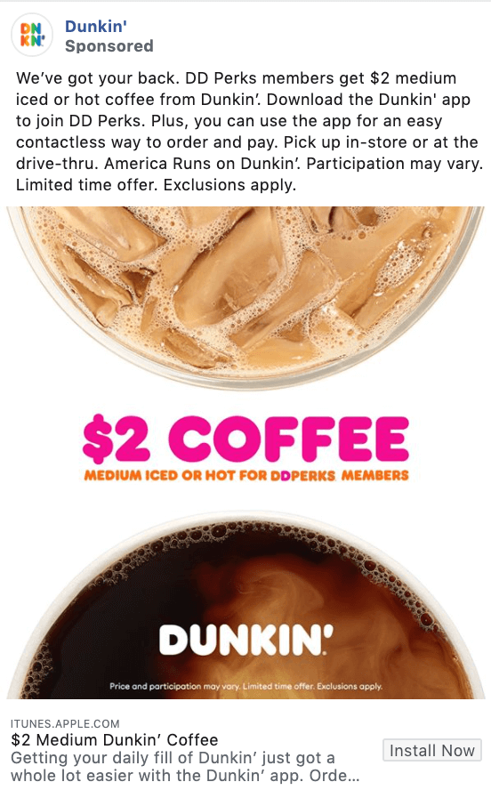 Dunkin promotional offer Facebook ad example