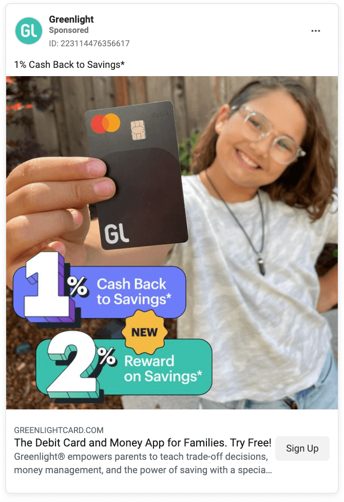 Greenlight Card Facebook Ad Example