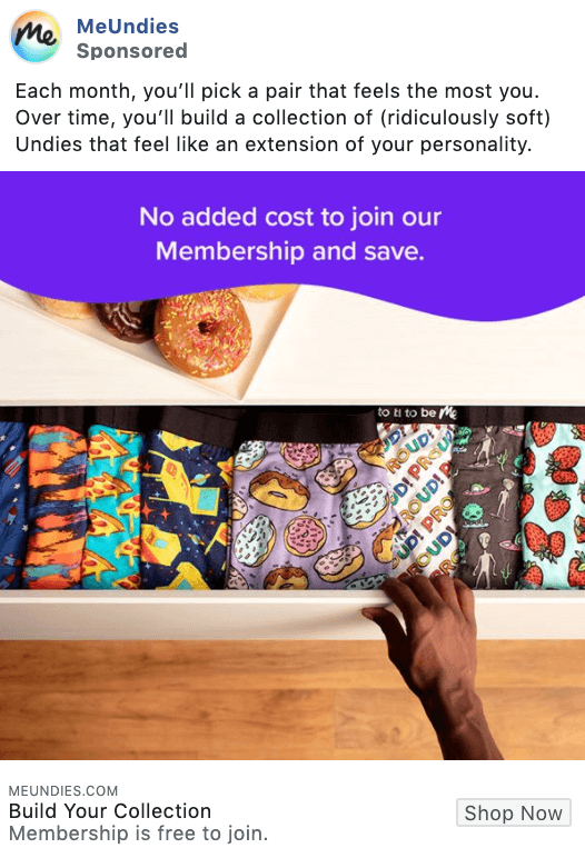 MeUndies promotional offer Facebook ad example