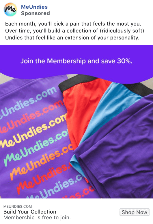 MeUndies promotional offer Facebook ad example