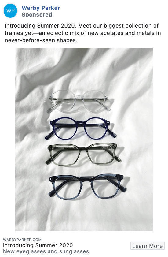 Warby Parker product-focused Facebook ad example