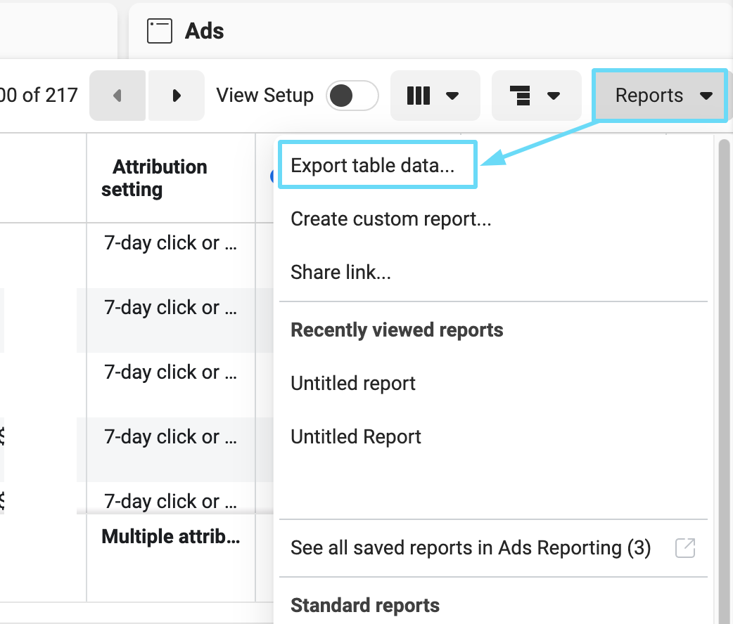 Facebook Ads Manager export table data
