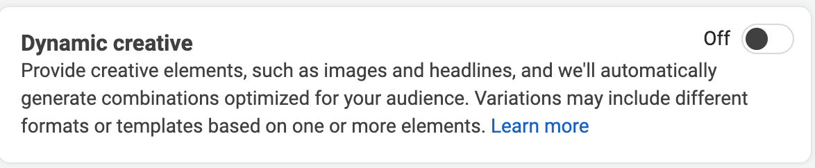 Facebook Ads Manager dynamic creative option