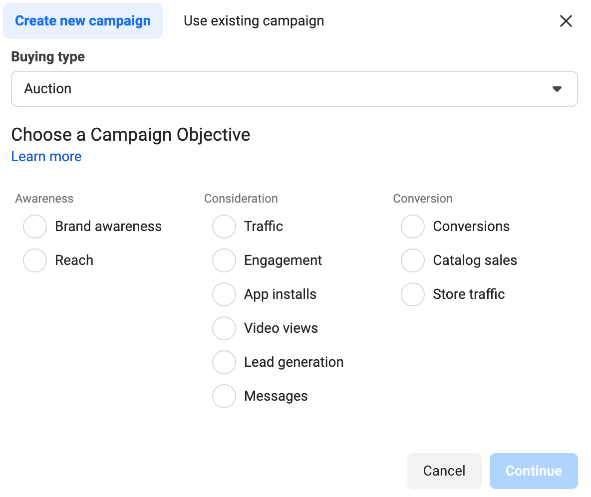 Facebook Ads Manager initial campaign creation popup