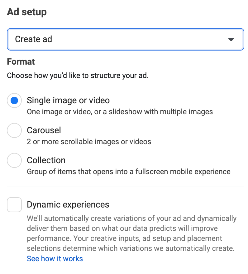 Facebook Ads Manager ad format