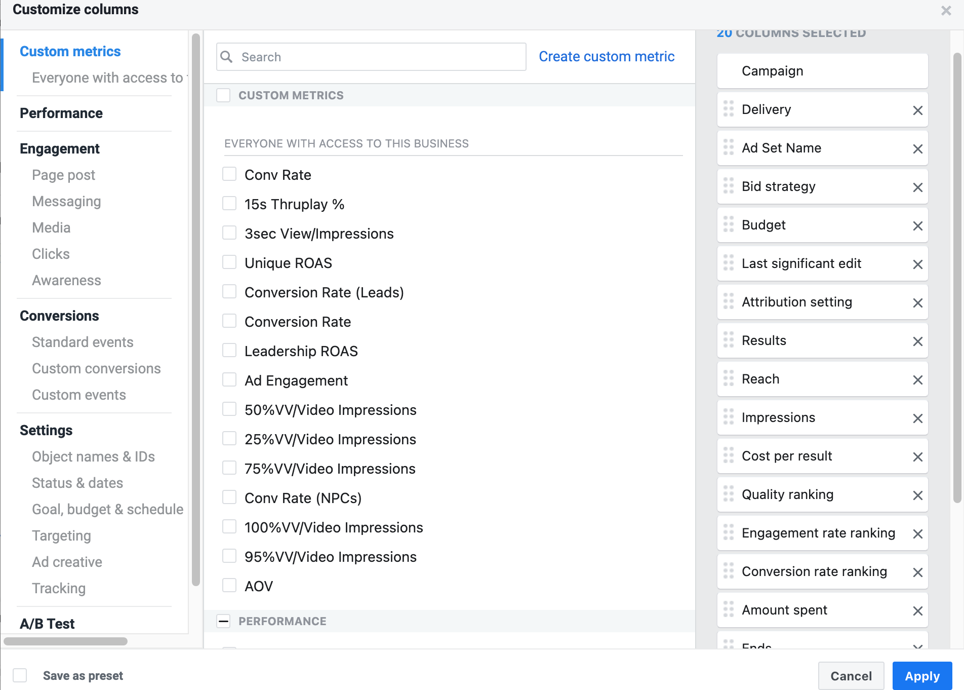 Facebook Ads Manager ad report columns