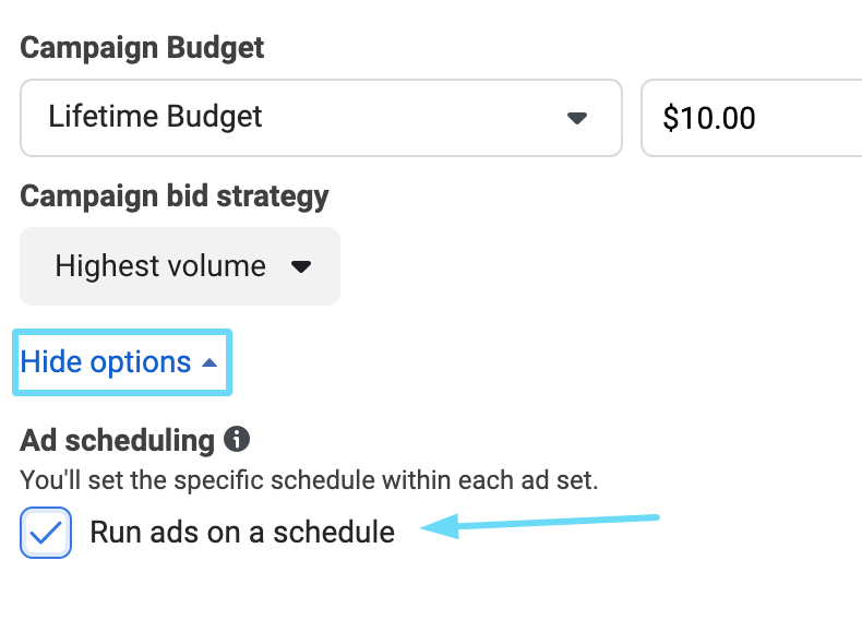 Facebook Ads Manager Run ads on a schedule