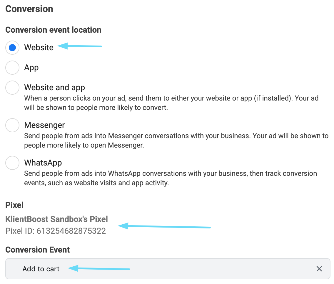 Facebook Ads Manager conversion settings