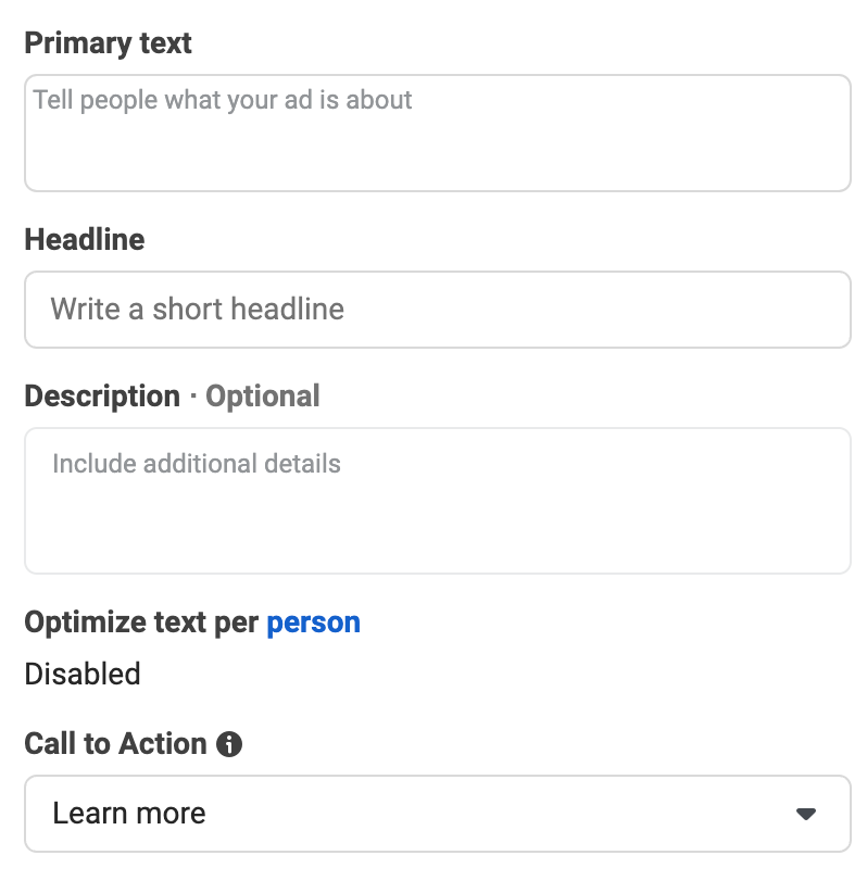 Facebook Ads Manager text options