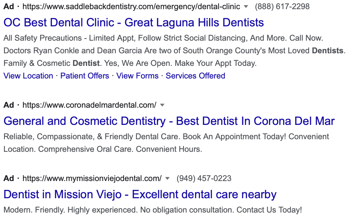 Dentist geographically-specific ad copy