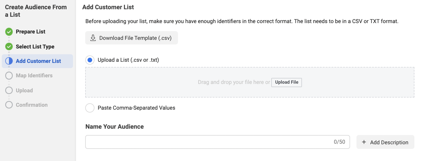 Drag and Drop a custom list to upload for a Facebook Custom Audience
