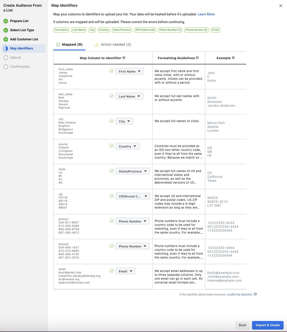 Map the identifiers from a Customer List upload in Facebook Custom Audience