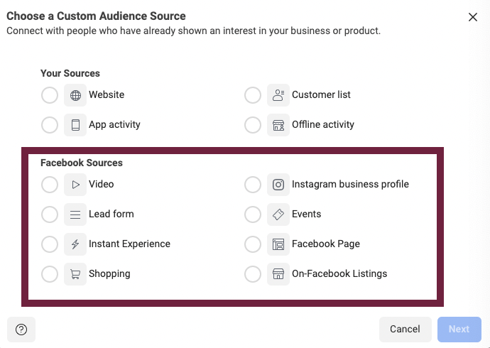 All the different Facebook Sources options for a Facebook Custom Audience